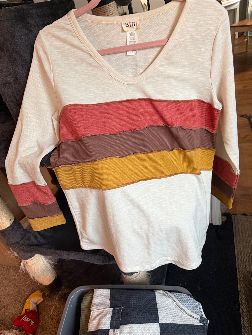 BiBi Cream V-Neck Long Sleeve Top with Rust, Brown & Mustard Stripes